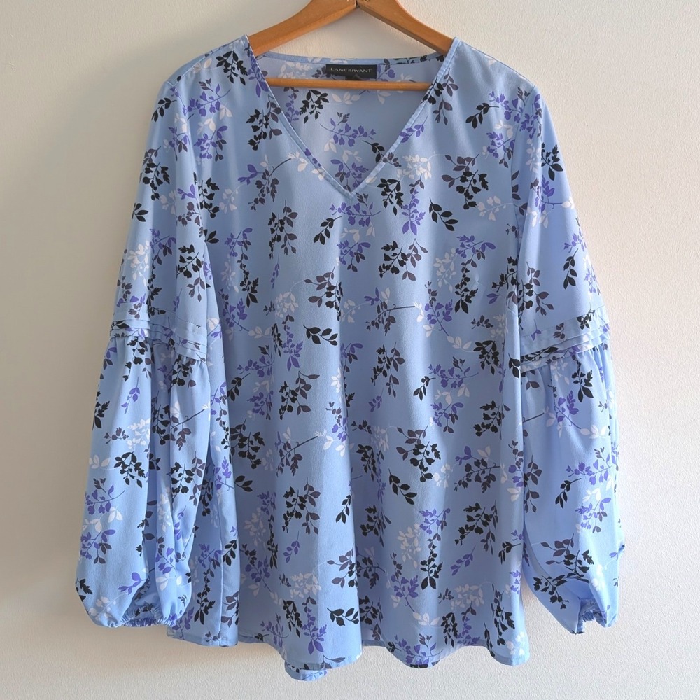Lane Bryant Womens Blue Floral V-Neck Puff Sleeve Blouse Top Size 12 1101225
